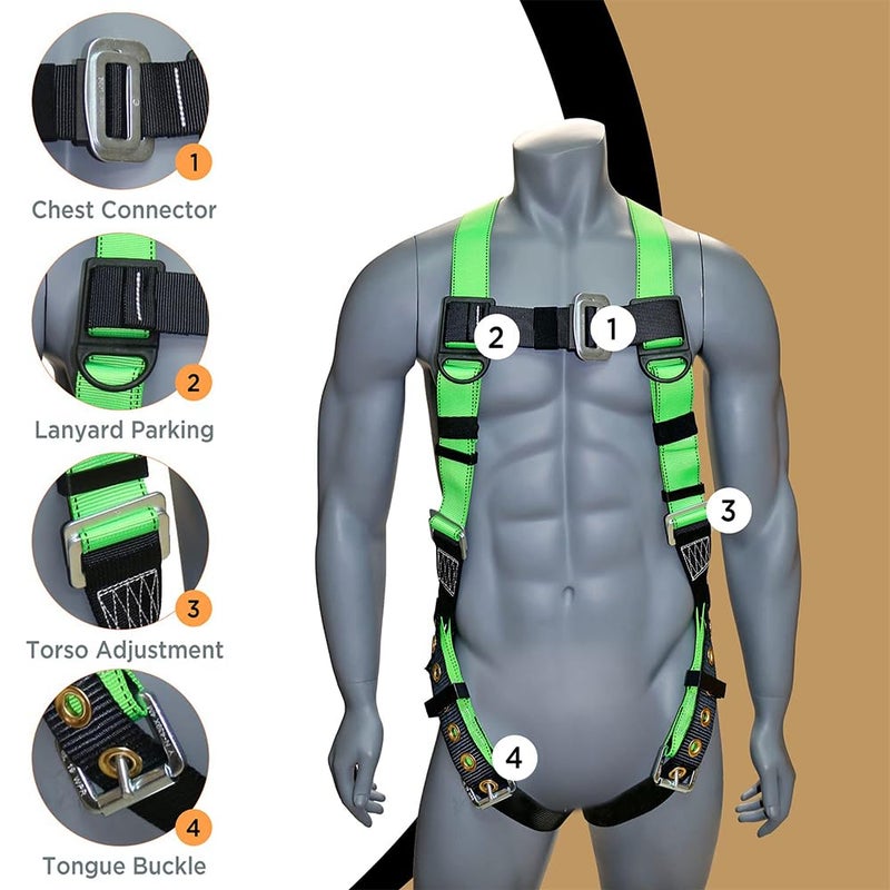 AFP Universal Full-Body Fall Protection Safety Harness with Dorsal D-Ring and Tongue Buckle Legs | Roofer, Construction, Scaffolding PPE | High-Visibility Green [OSHA/ANSI Compliant] (1 Pack, Harness) - Image 4